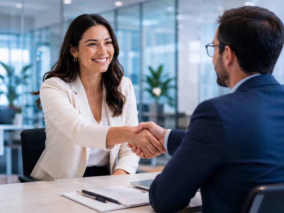 Candidate attending a professional job interview in a modern office.