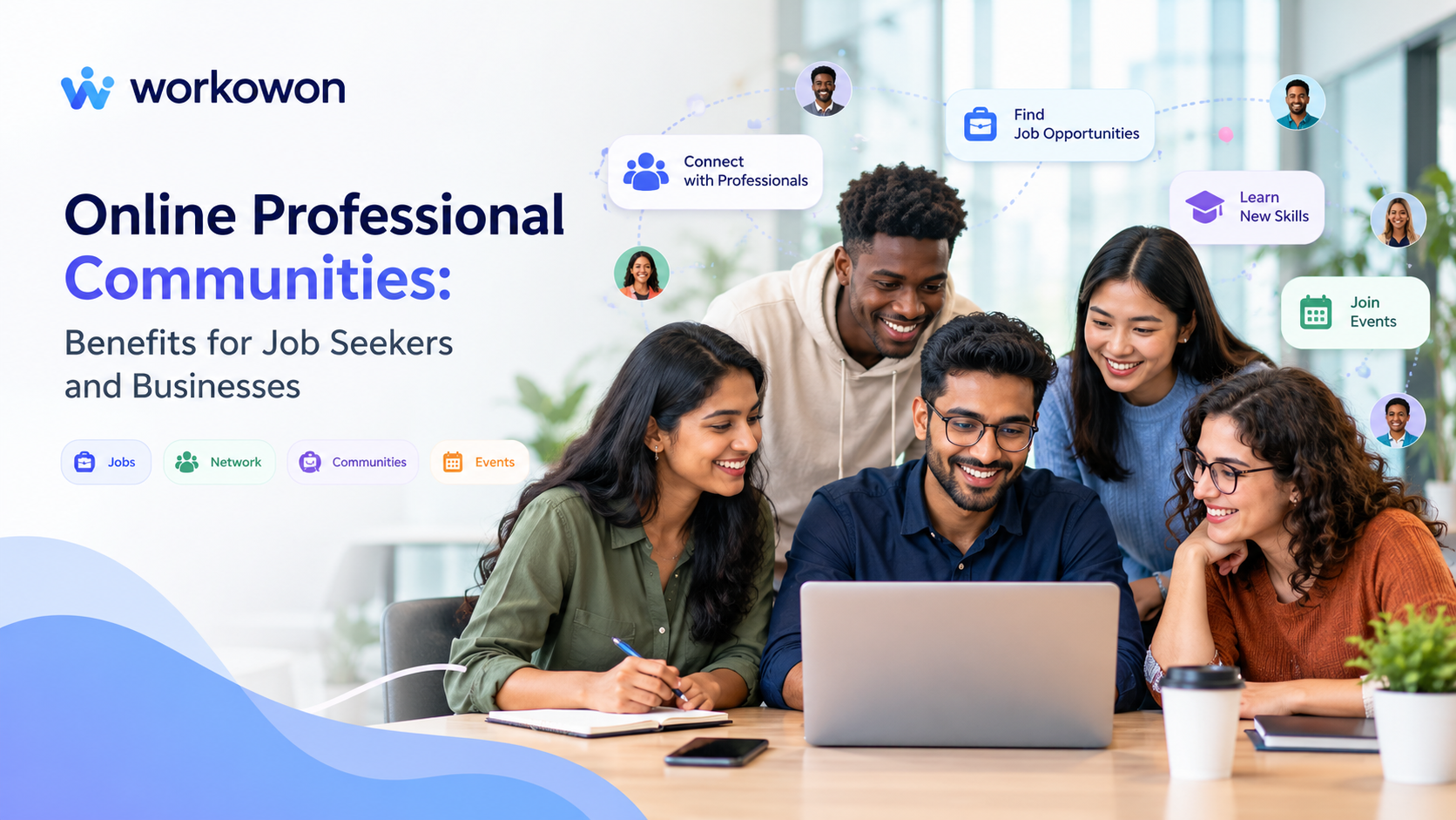 Workowon online professional communities connecting job seekers and businesses through networking, job opportunities, skill development, and professional events.
