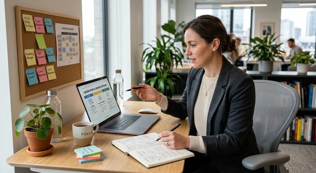 Professional planning career goals and exploring networking opportunities.