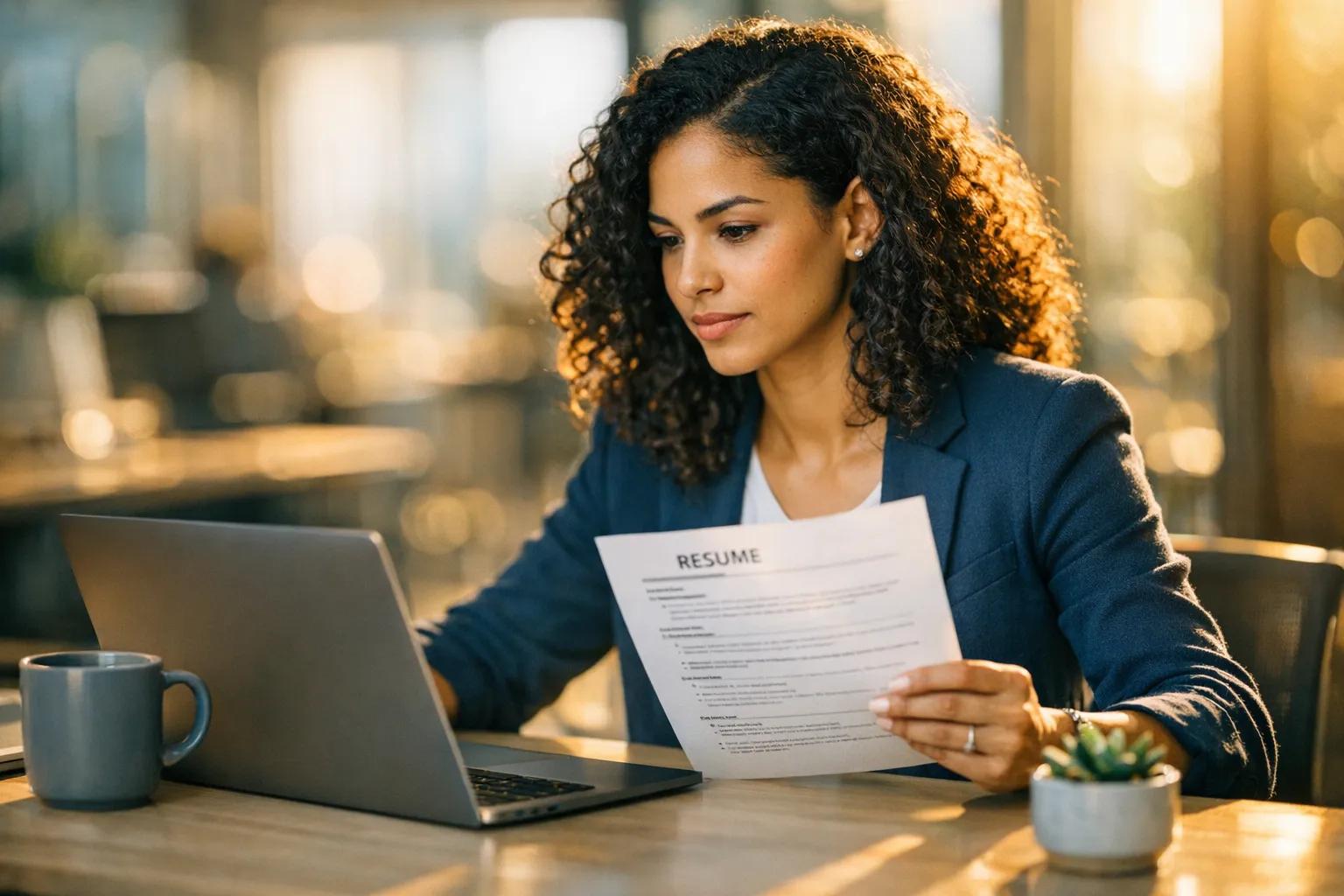 Job seeker reviewing a professional resume for online job applications.