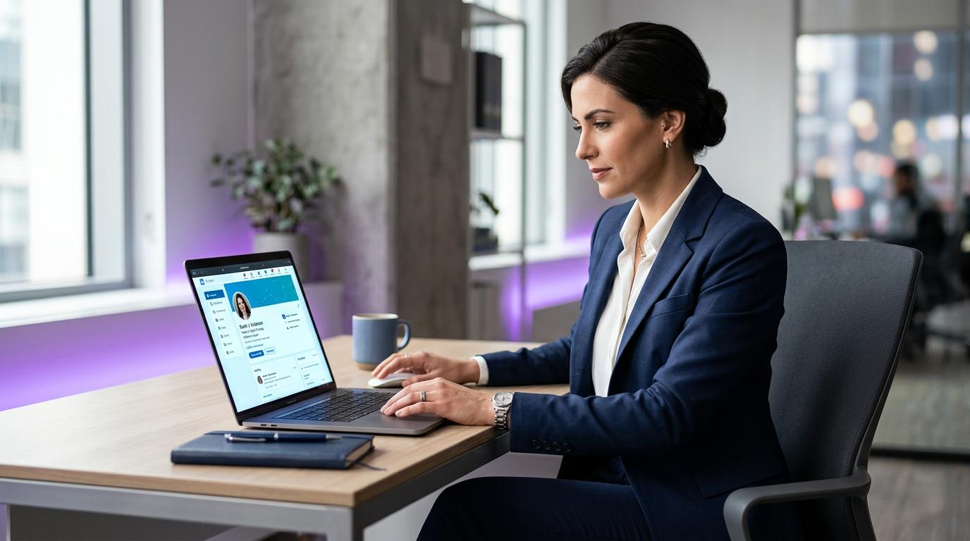 Professional building an online profile and connecting with industry experts.