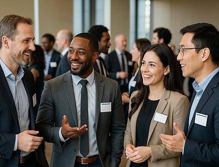Professionals building connections at a networking event.